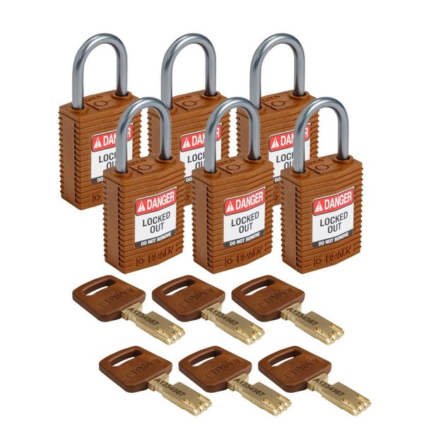 Brady Compact SafeKey Key Retaining Nylon Padlock 1 in Aluminum Shackle KD Brown 6PK CPT-BRN-25AL-KD6PK